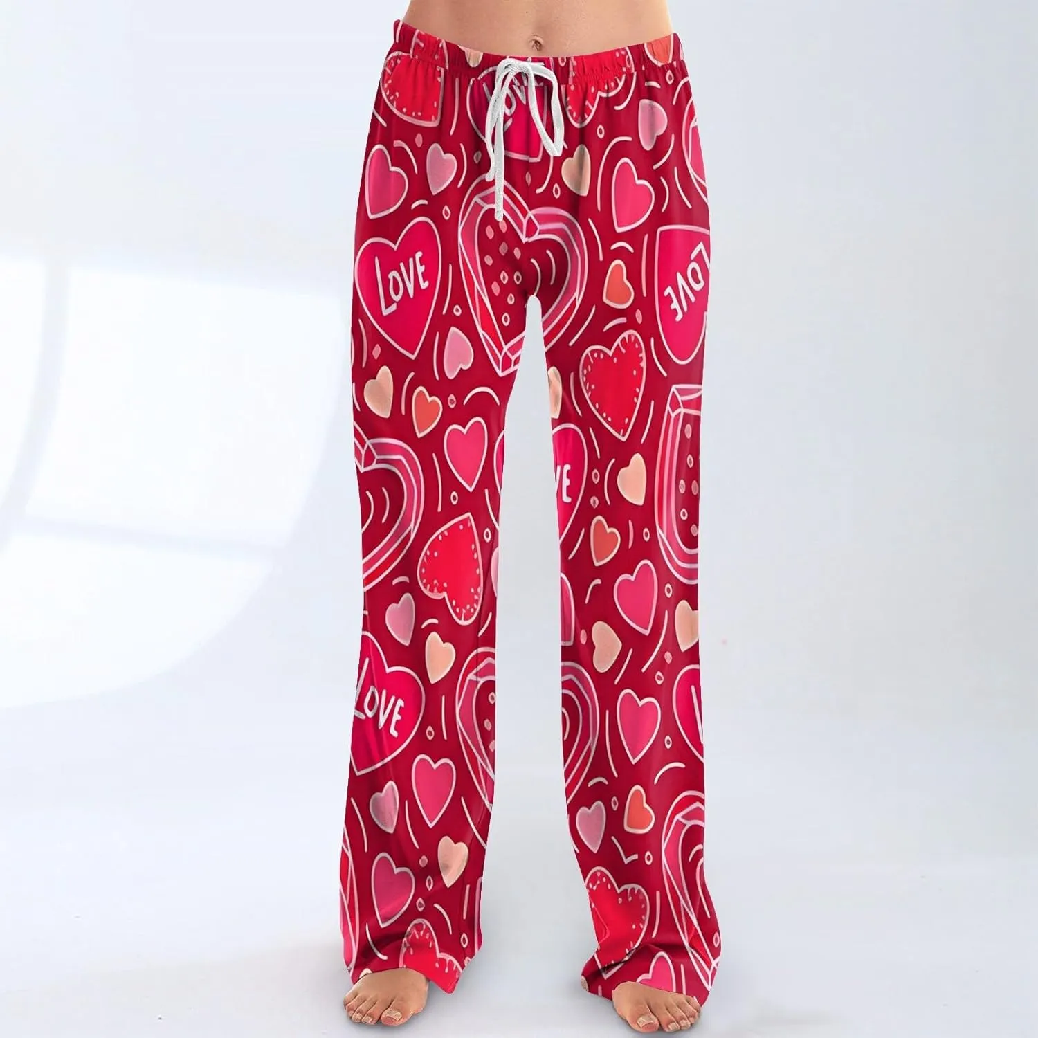 Valentines Pajama Pants Drawstring Heart Comfy Wide Leg Lounge Pants Stretchy Cozy Baggy High Waisted Sleep Pants