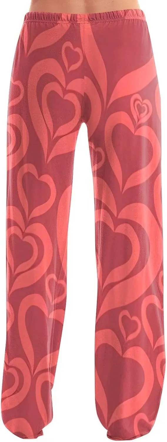 Valentines Pajama Pants Drawstring Heart Comfy Wide Leg Lounge Pants Stretchy Cozy Baggy High Waisted Sleep Pants