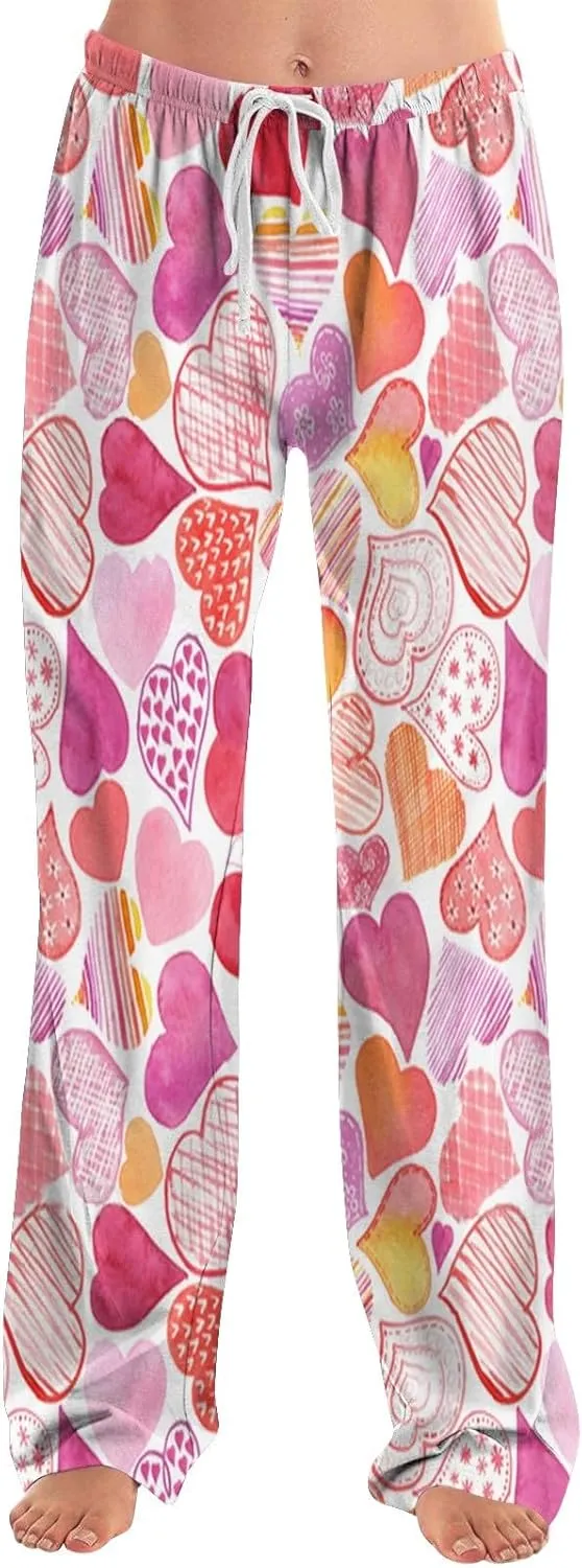 Valentines Pajama Pants Drawstring Heart Comfy Wide Leg Lounge Pants Stretchy Cozy Baggy High Waisted Sleep Pants