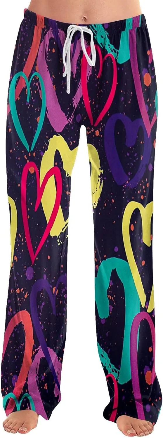 Valentines Pajama Pants Drawstring Heart Comfy Wide Leg Lounge Pants Stretchy Cozy Baggy High Waisted Sleep Pants