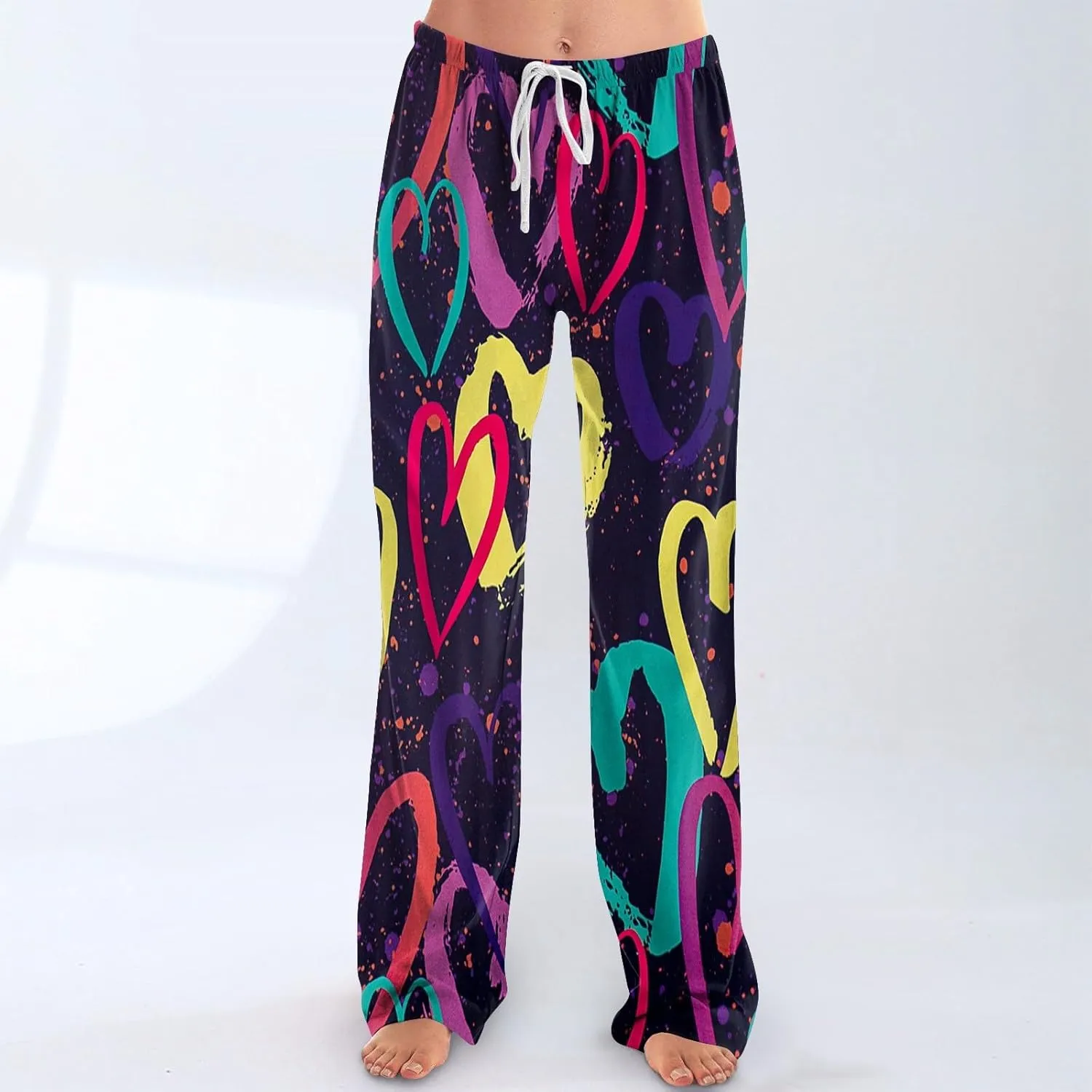 Valentines Pajama Pants Drawstring Heart Comfy Wide Leg Lounge Pants Stretchy Cozy Baggy High Waisted Sleep Pants