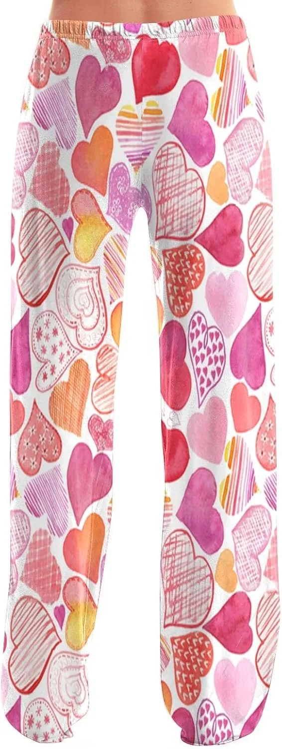 Valentines Pajama Pants Drawstring Heart Comfy Wide Leg Lounge Pants Stretchy Cozy Baggy High Waisted Sleep Pants