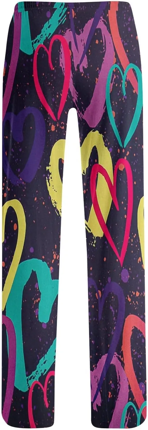 Valentines Pajama Pants Drawstring Heart Comfy Wide Leg Lounge Pants Stretchy Cozy Baggy High Waisted Sleep Pants