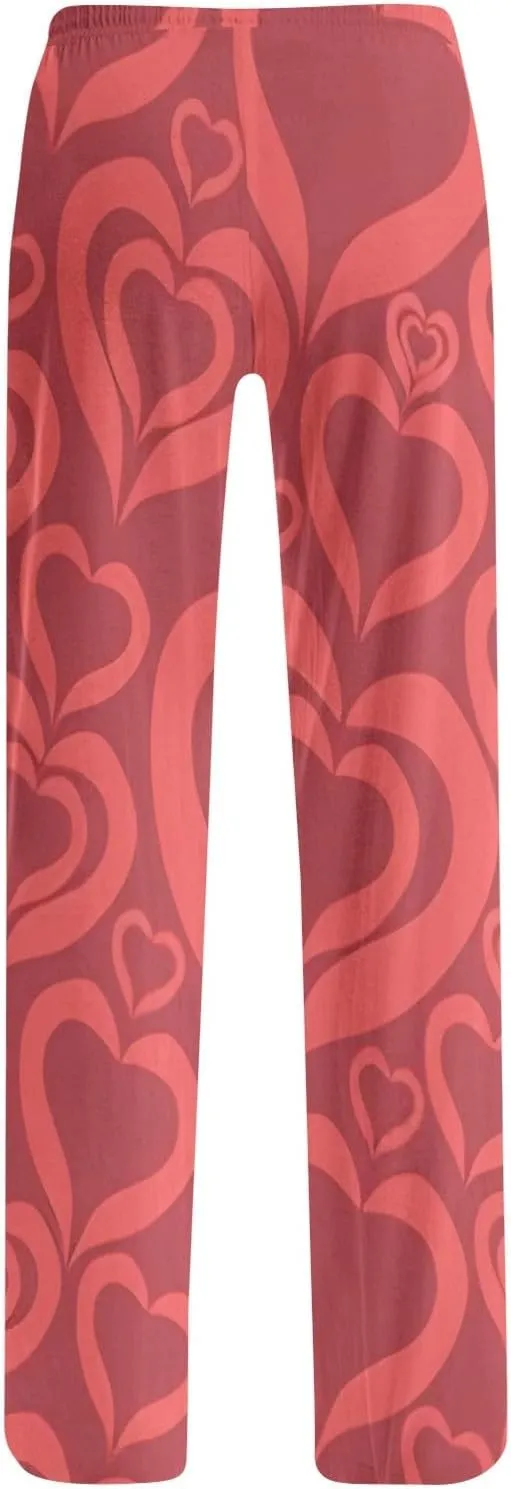 Valentines Pajama Pants Drawstring Heart Comfy Wide Leg Lounge Pants Stretchy Cozy Baggy High Waisted Sleep Pants