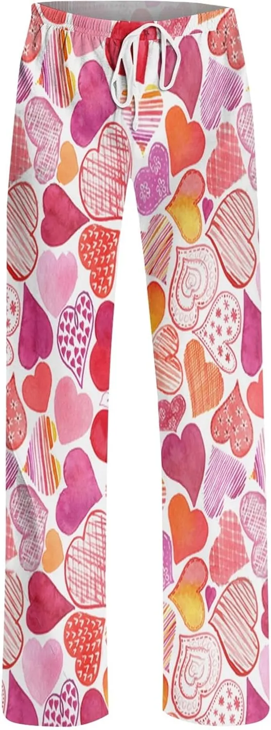 Valentines Pajama Pants Drawstring Heart Comfy Wide Leg Lounge Pants Stretchy Cozy Baggy High Waisted Sleep Pants