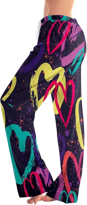 Valentines Pajama Pants Drawstring Heart Comfy Wide Leg Lounge Pants Stretchy Cozy Baggy High Waisted Sleep Pants