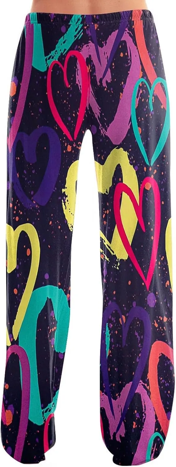 Valentines Pajama Pants Drawstring Heart Comfy Wide Leg Lounge Pants Stretchy Cozy Baggy High Waisted Sleep Pants