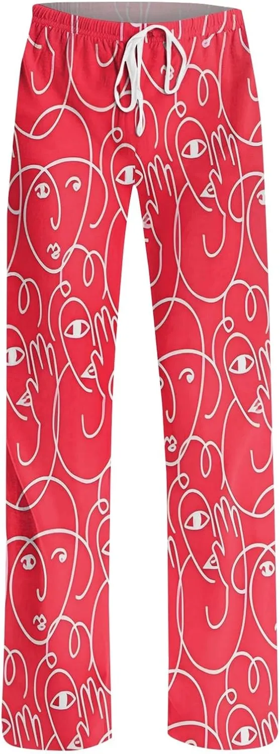 Valentines Pajama Pants Drawstring Heart Comfy Wide Leg Lounge Pants Stretchy Cozy Baggy High Waisted Sleep Pants