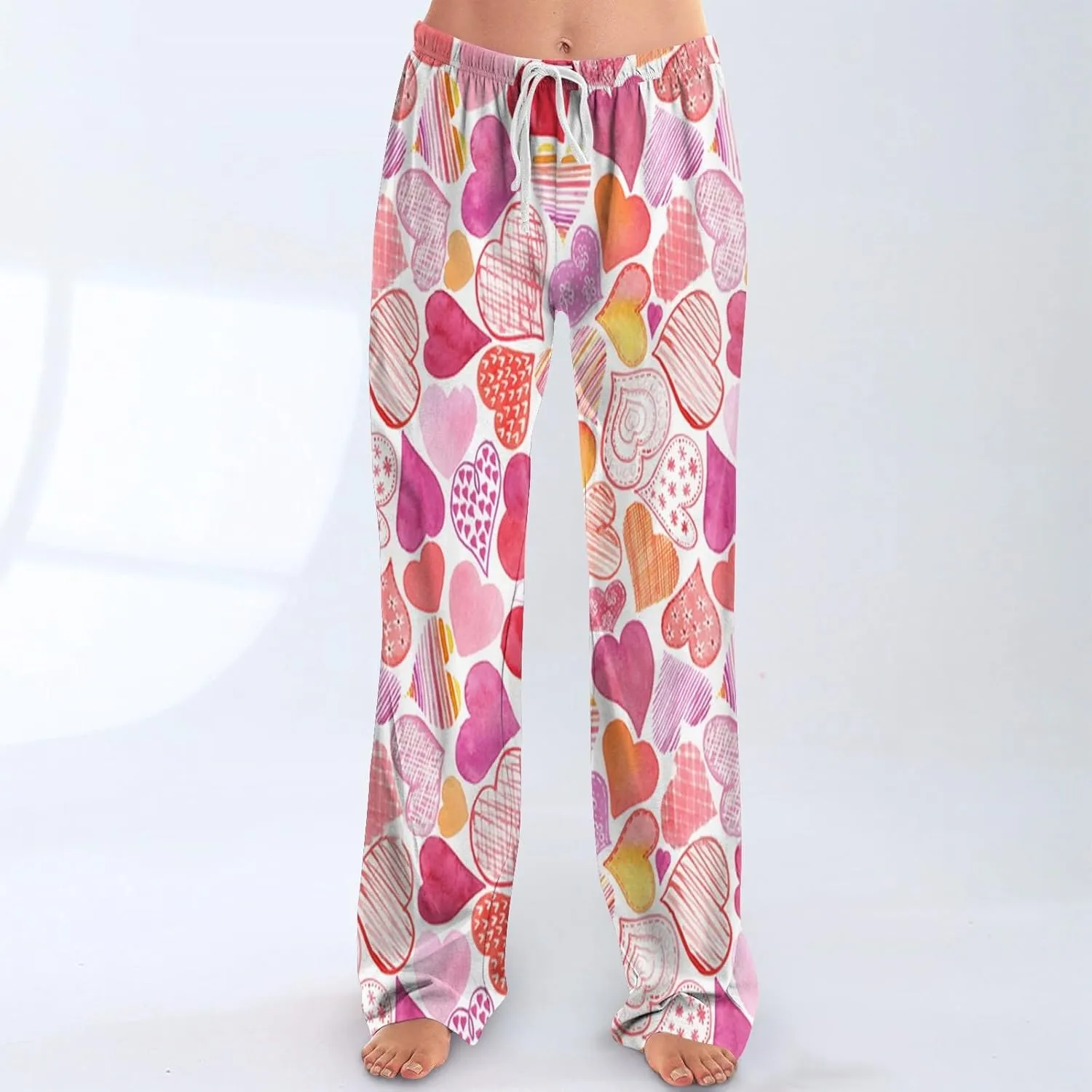 Valentines Pajama Pants Drawstring Heart Comfy Wide Leg Lounge Pants Stretchy Cozy Baggy High Waisted Sleep Pants