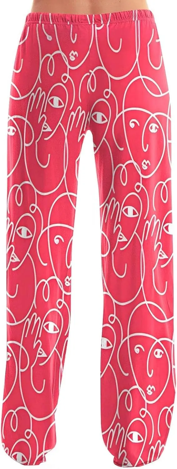 Valentines Pajama Pants Drawstring Heart Comfy Wide Leg Lounge Pants Stretchy Cozy Baggy High Waisted Sleep Pants