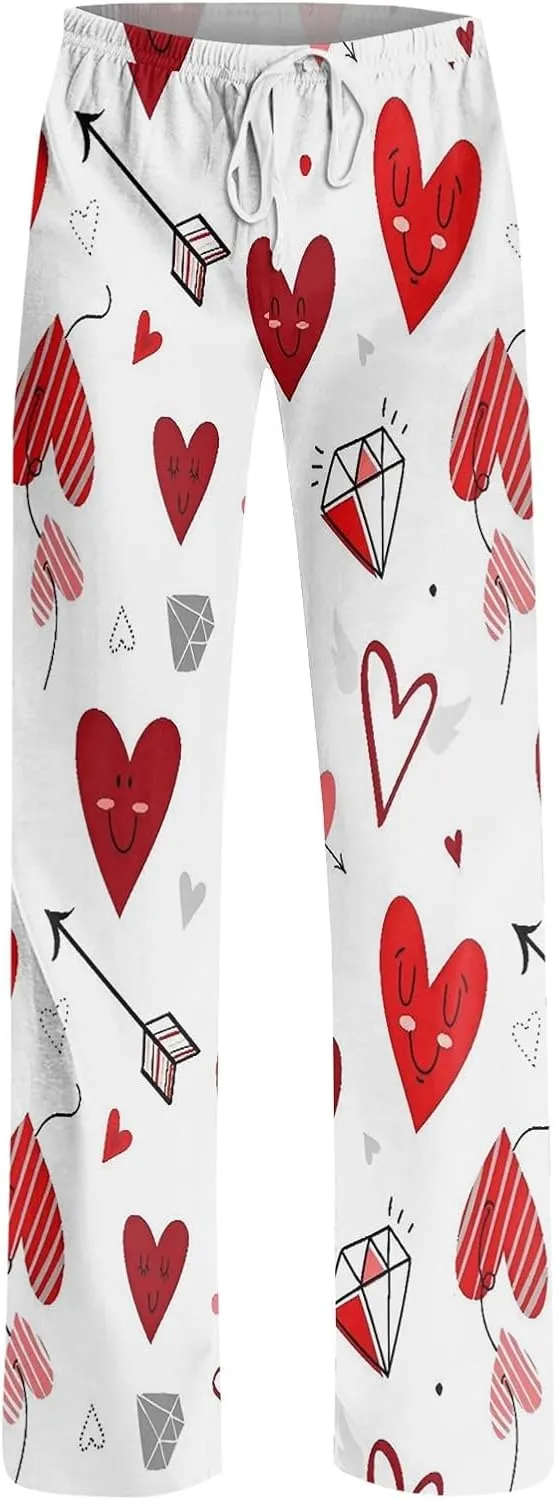 Valentines Pajama Pants Drawstring Heart Comfy Wide Leg Lounge Pants Stretchy Cozy Baggy High Waisted Sleep Pants