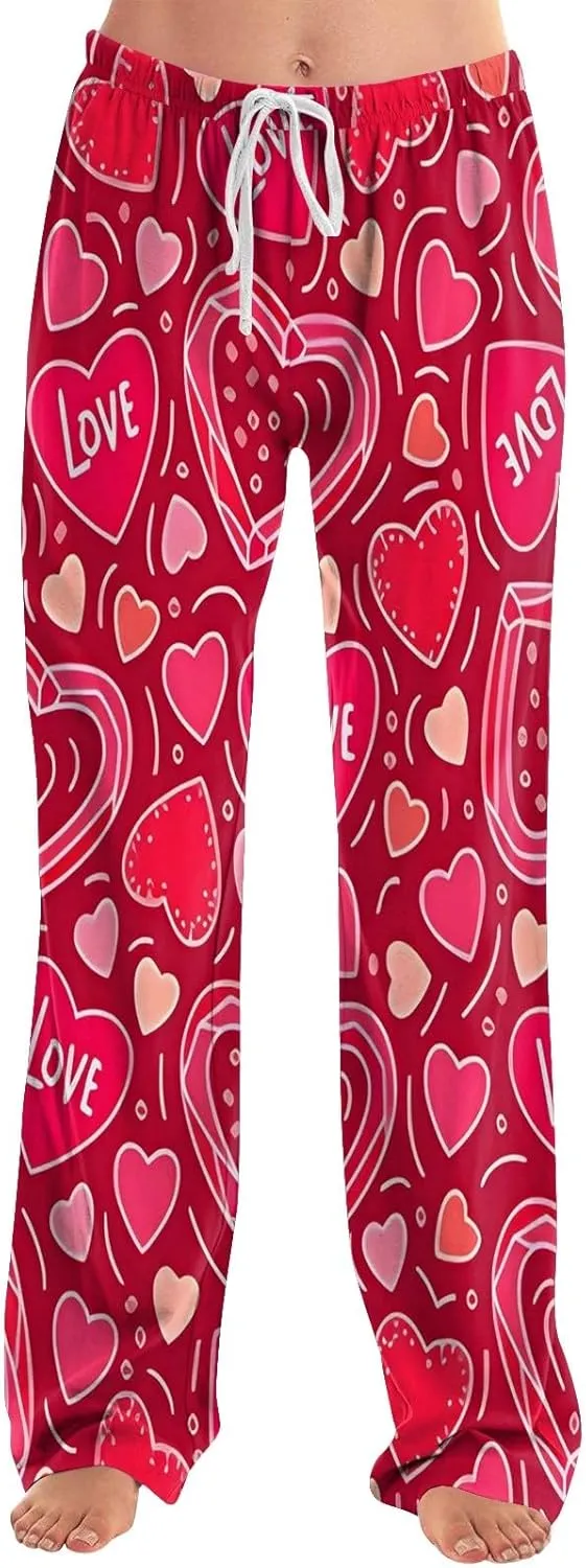 Valentines Pajama Pants Drawstring Heart Comfy Wide Leg Lounge Pants Stretchy Cozy Baggy High Waisted Sleep Pants