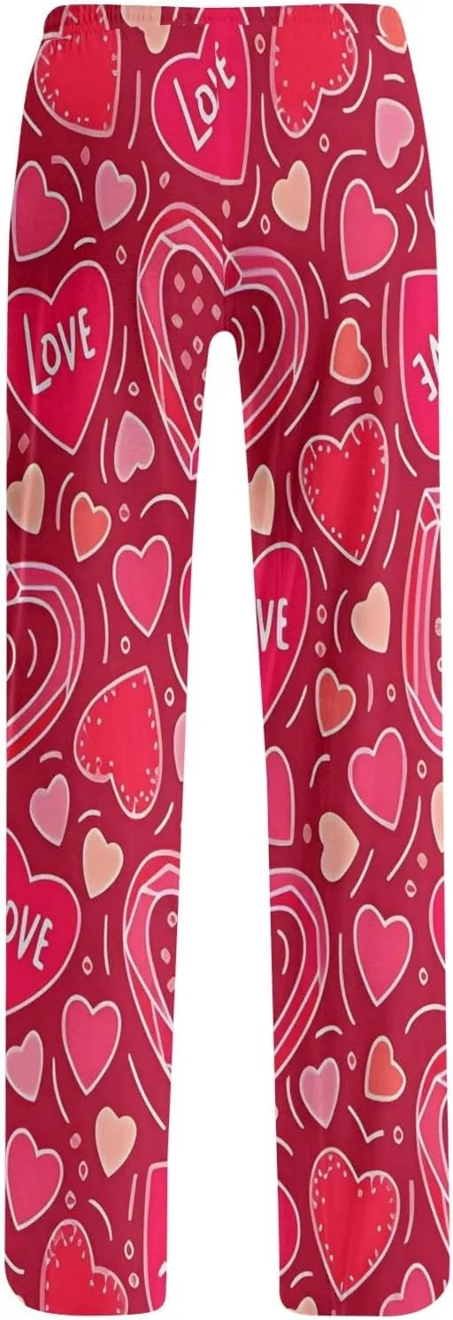 Valentines Pajama Pants Drawstring Heart Comfy Wide Leg Lounge Pants Stretchy Cozy Baggy High Waisted Sleep Pants