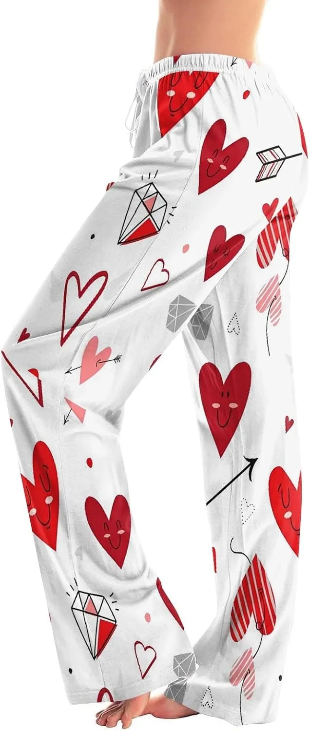 Valentines Pajama Pants Drawstring Heart Comfy Wide Leg Lounge Pants Stretchy Cozy Baggy High Waisted Sleep Pants