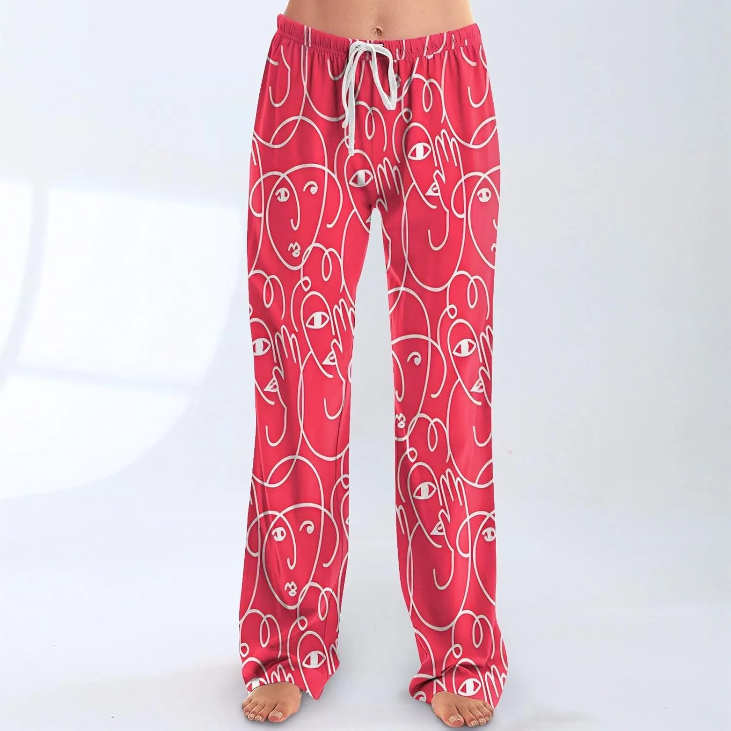 Valentines Pajama Pants Drawstring Heart Comfy Wide Leg Lounge Pants Stretchy Cozy Baggy High Waisted Sleep Pants