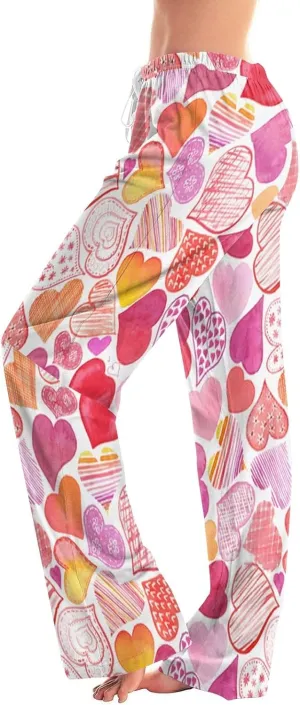 Valentines Pajama Pants Drawstring Heart Comfy Wide Leg Lounge Pants Stretchy Cozy Baggy High Waisted Sleep Pants