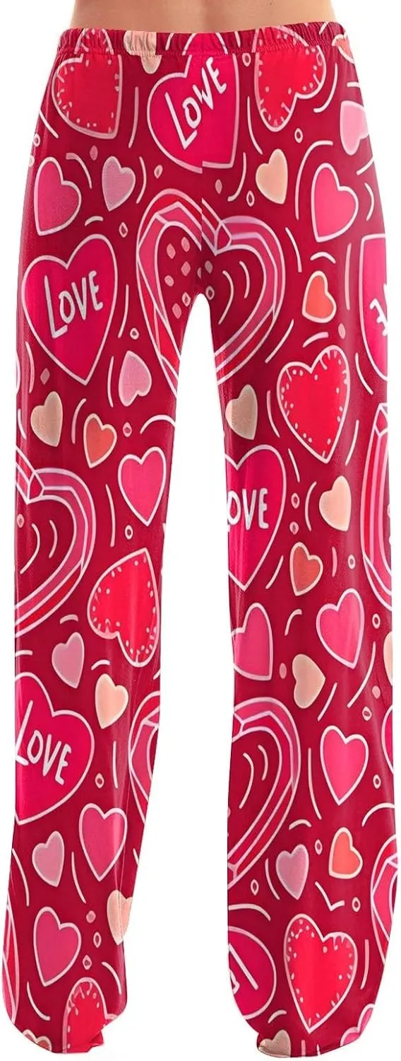 Valentines Pajama Pants Drawstring Heart Comfy Wide Leg Lounge Pants Stretchy Cozy Baggy High Waisted Sleep Pants