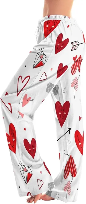 Valentines Pajama Pants Drawstring Heart Comfy Wide Leg Lounge Pants Stretchy Cozy Baggy High Waisted Sleep Pants