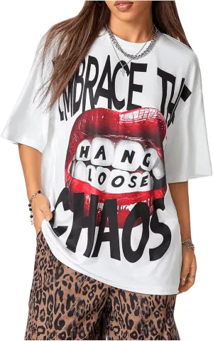 Verdusa Women's Lip Graphic Print Drop Shoulder Hiphop Tees Oversized Y2k T Shirts