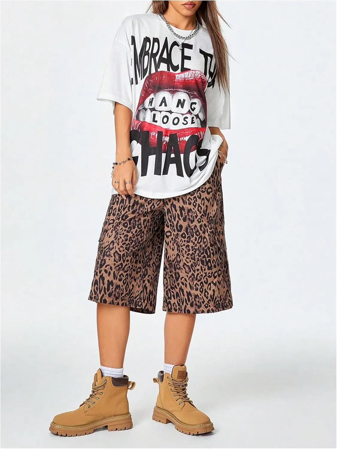 Verdusa Women's Lip Graphic Print Drop Shoulder Hiphop Tees Oversized Y2k T Shirts