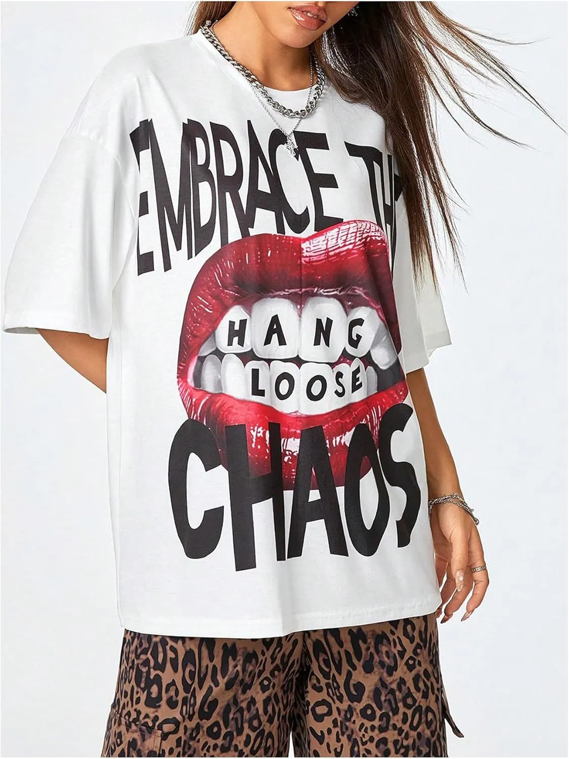 Verdusa Women's Lip Graphic Print Drop Shoulder Hiphop Tees Oversized Y2k T Shirts