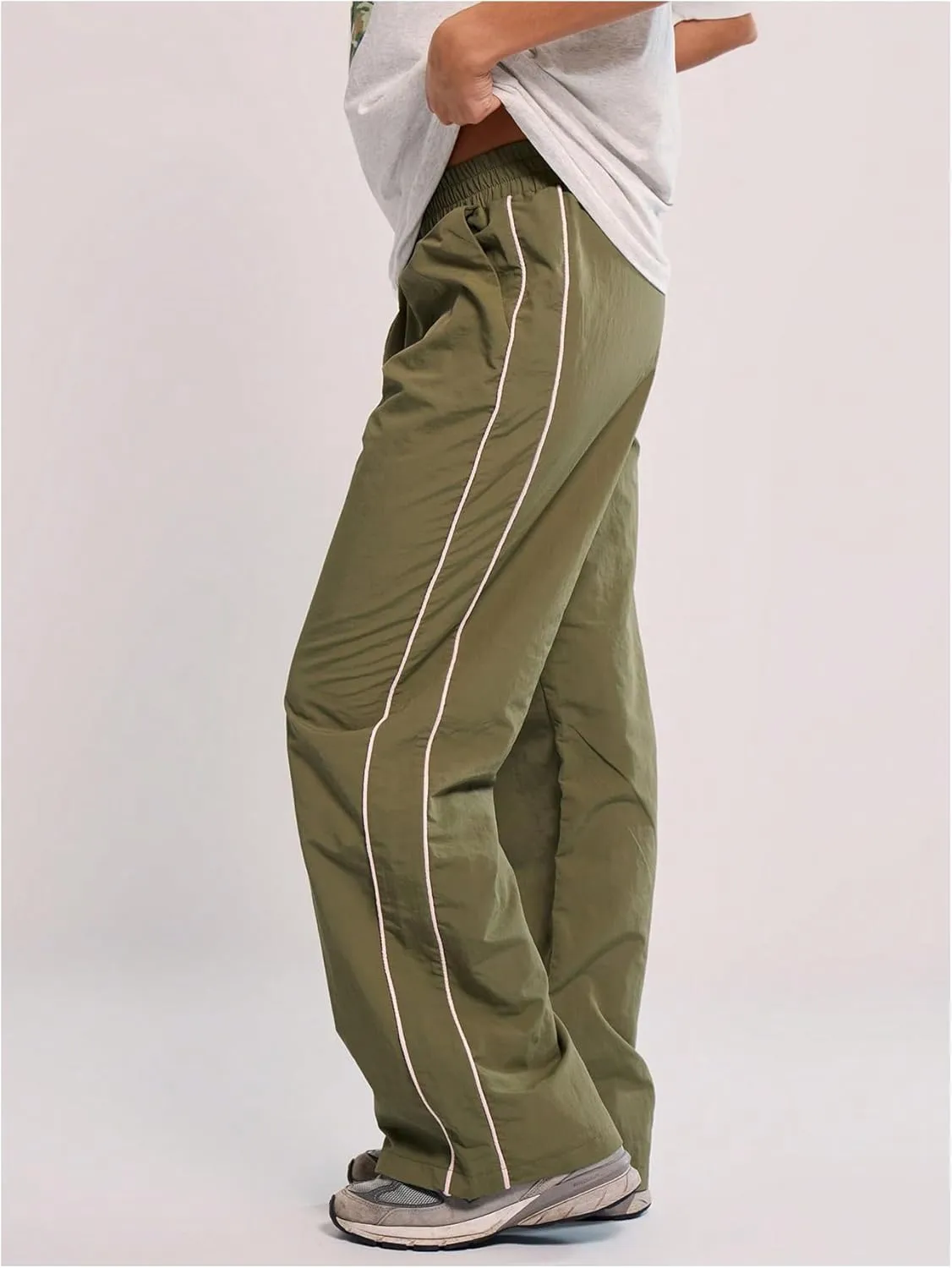 Verdusa Women's Striped Straight Leg Long Pants Elastic Waist Trousers with Pockets