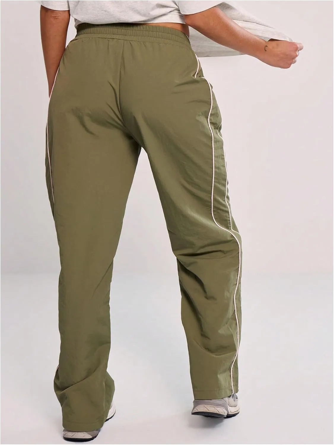 Verdusa Women's Striped Straight Leg Long Pants Elastic Waist Trousers with Pockets