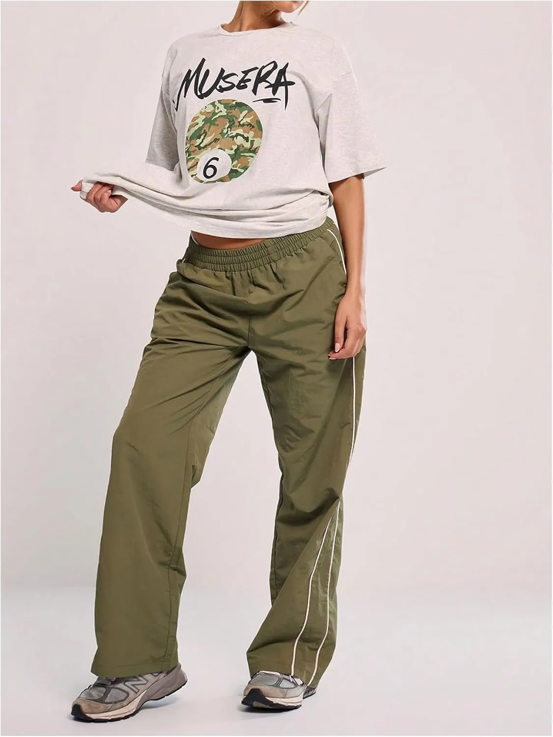Verdusa Women's Striped Straight Leg Long Pants Elastic Waist Trousers with Pockets