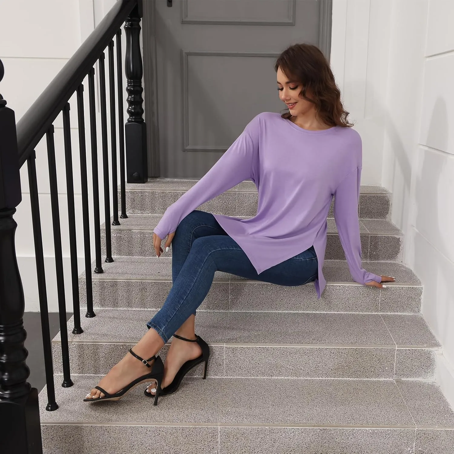 VNIRA Oversized T Shirts for Women Long Sleeve Loose Fit Casual Fall Tunic Top Basic Tee