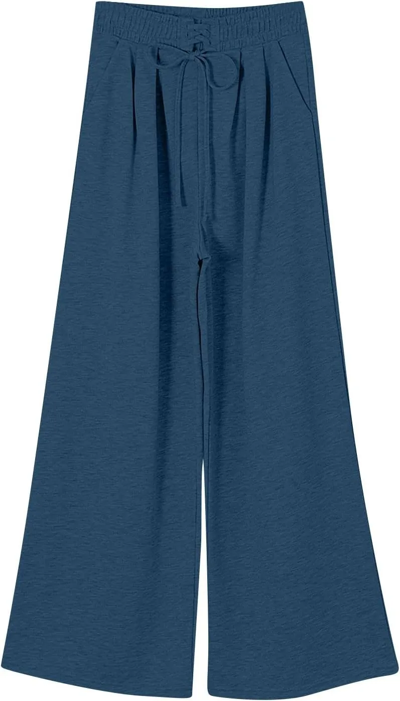 Wide Leg Sweatpants Women Baggy Fleece Cute Y2k Drawstring High Waisted Sweat Pants Flowy Palazzo Comfy Lounge Pants