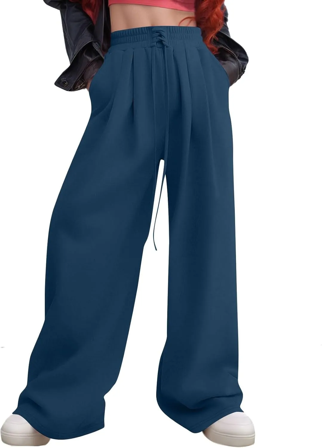 Wide Leg Sweatpants Women Baggy Fleece Cute Y2k Drawstring High Waisted Sweat Pants Flowy Palazzo Comfy Lounge Pants