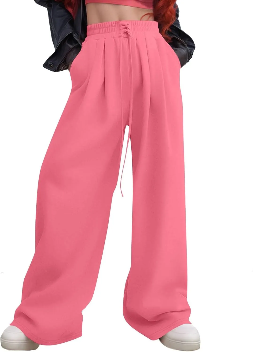 Wide Leg Sweatpants Women Baggy Fleece Cute Y2k Drawstring High Waisted Sweat Pants Flowy Palazzo Comfy Lounge Pants