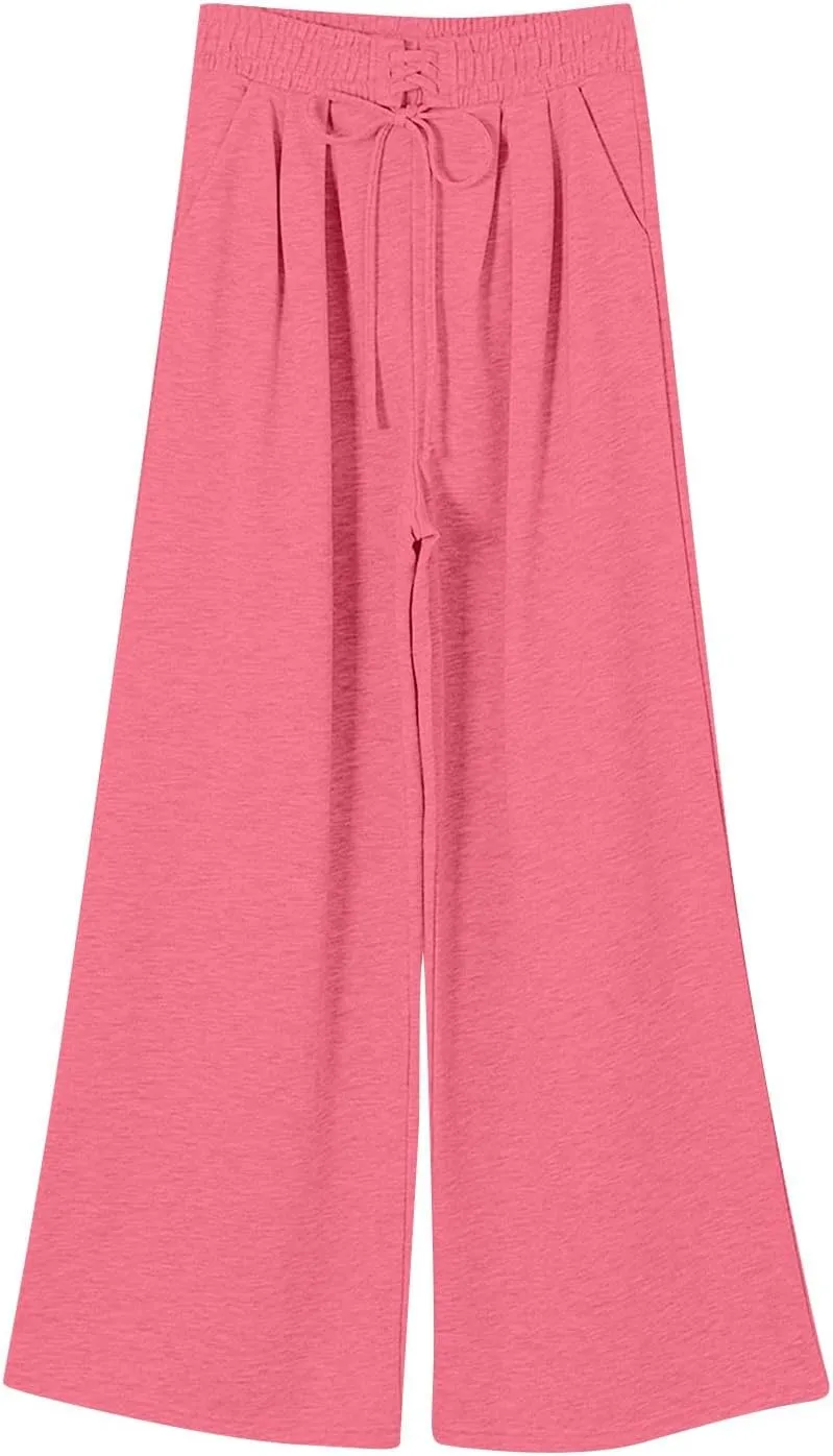Wide Leg Sweatpants Women Baggy Fleece Cute Y2k Drawstring High Waisted Sweat Pants Flowy Palazzo Comfy Lounge Pants