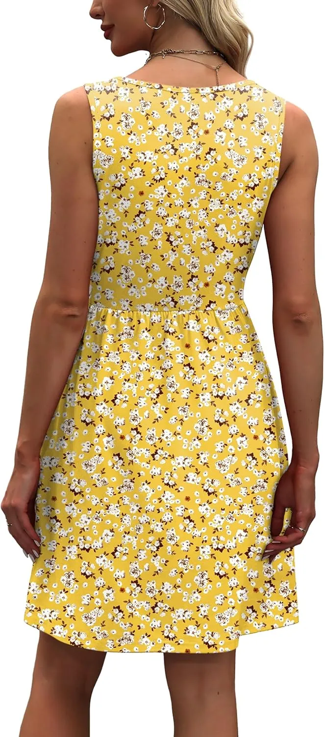 WIHOLL Women's Summer Dress 2025 A-Line Sleeveless Casual Sundress with Pockets Floral/Solid
