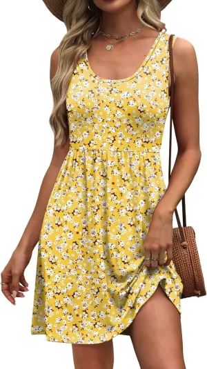 WIHOLL Women's Summer Dress 2025 A-Line Sleeveless Casual Sundress with Pockets Floral/Solid