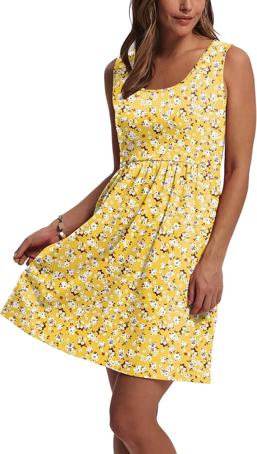 WIHOLL Women's Summer Dress 2025 A-Line Sleeveless Casual Sundress with Pockets Floral/Solid