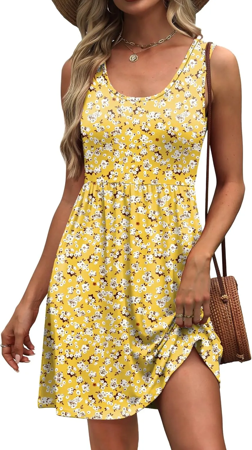 WIHOLL Women's Summer Dress 2025 A-Line Sleeveless Casual Sundress with Pockets Floral/Solid