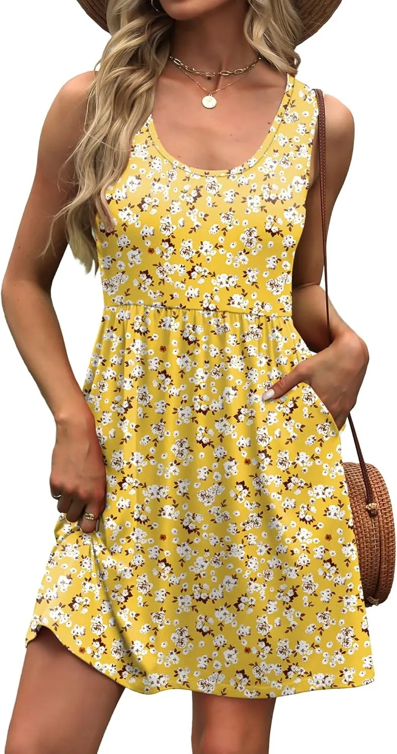WIHOLL Women's Summer Dress 2025 A-Line Sleeveless Casual Sundress with Pockets Floral/Solid