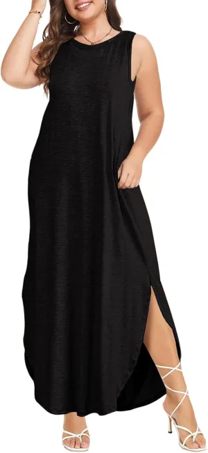 Wolddress Womens 2025 Plus Size Sleeveless Tank Dress Casual Loose Sundress Split Summer Beach Long Maxi Dresses with Pockets