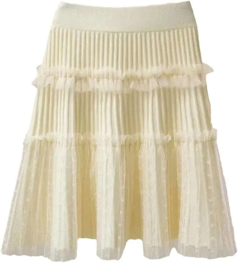 Woman A-Line Short Skirts Autumn Winter High Waist Pleated Lace Mini Skirt