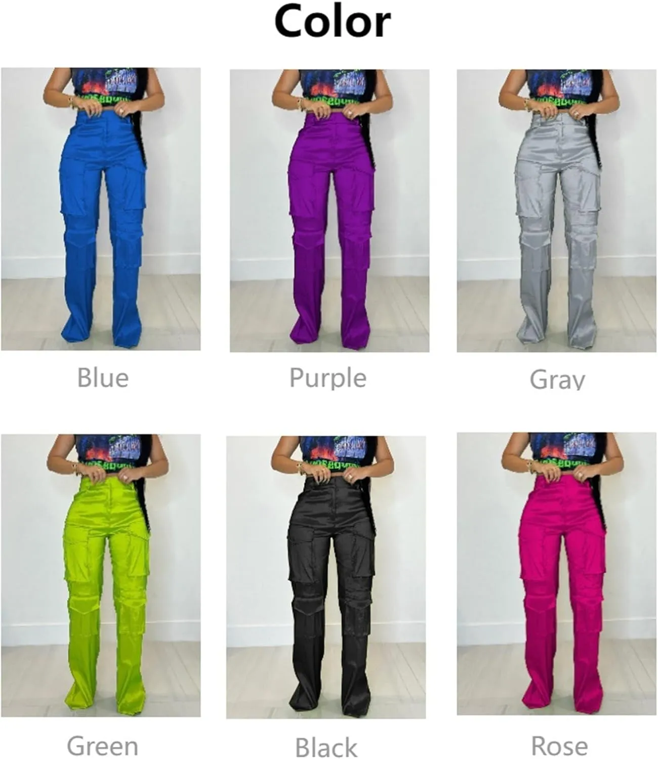 Women Baggy Cargo Satin Pants Y2K High Waisted Wide Leg Casual Pants Straight Streetwear Trousers with Multi Pockets