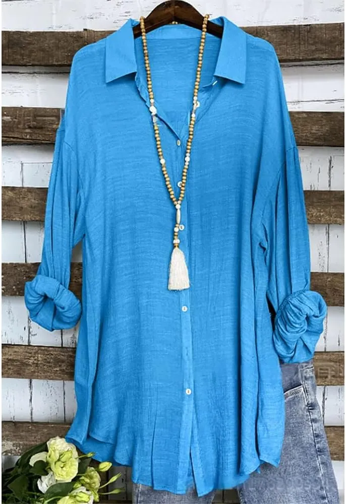 Women Beach Linen Button Down Shirt Dress Blouses Casual Solid Oversized Long Lantern Sleeve Tunic Shirt