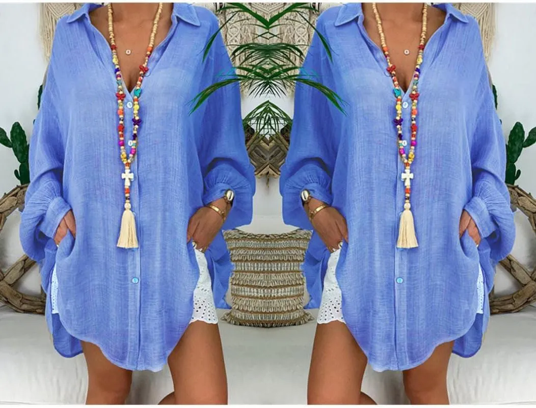 Women Beach Linen Button Down Shirt Dress Blouses Casual Solid Oversized Long Lantern Sleeve Tunic Shirt