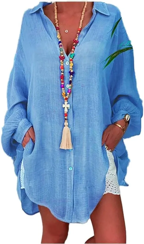 Women Beach Linen Button Down Shirt Dress Blouses Casual Solid Oversized Long Lantern Sleeve Tunic Shirt