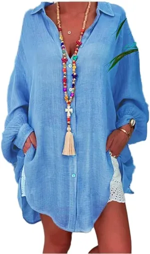 Women Beach Linen Button Down Shirt Dress Blouses Casual Solid Oversized Long Lantern Sleeve Tunic Shirt