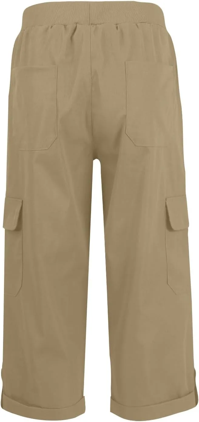 Women Cargo Capris Casual Elastic Waist Travel Hiking Pants Folded Hem Wide Leg Crop Chino Cargo Pants with 6 Pockets