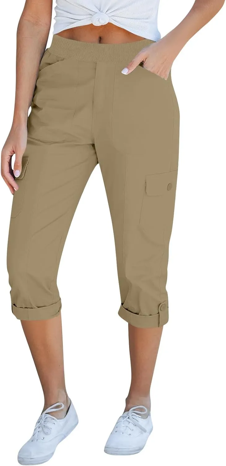 Women Cargo Capris Casual Elastic Waist Travel Hiking Pants Folded Hem Wide Leg Crop Chino Cargo Pants with 6 Pockets