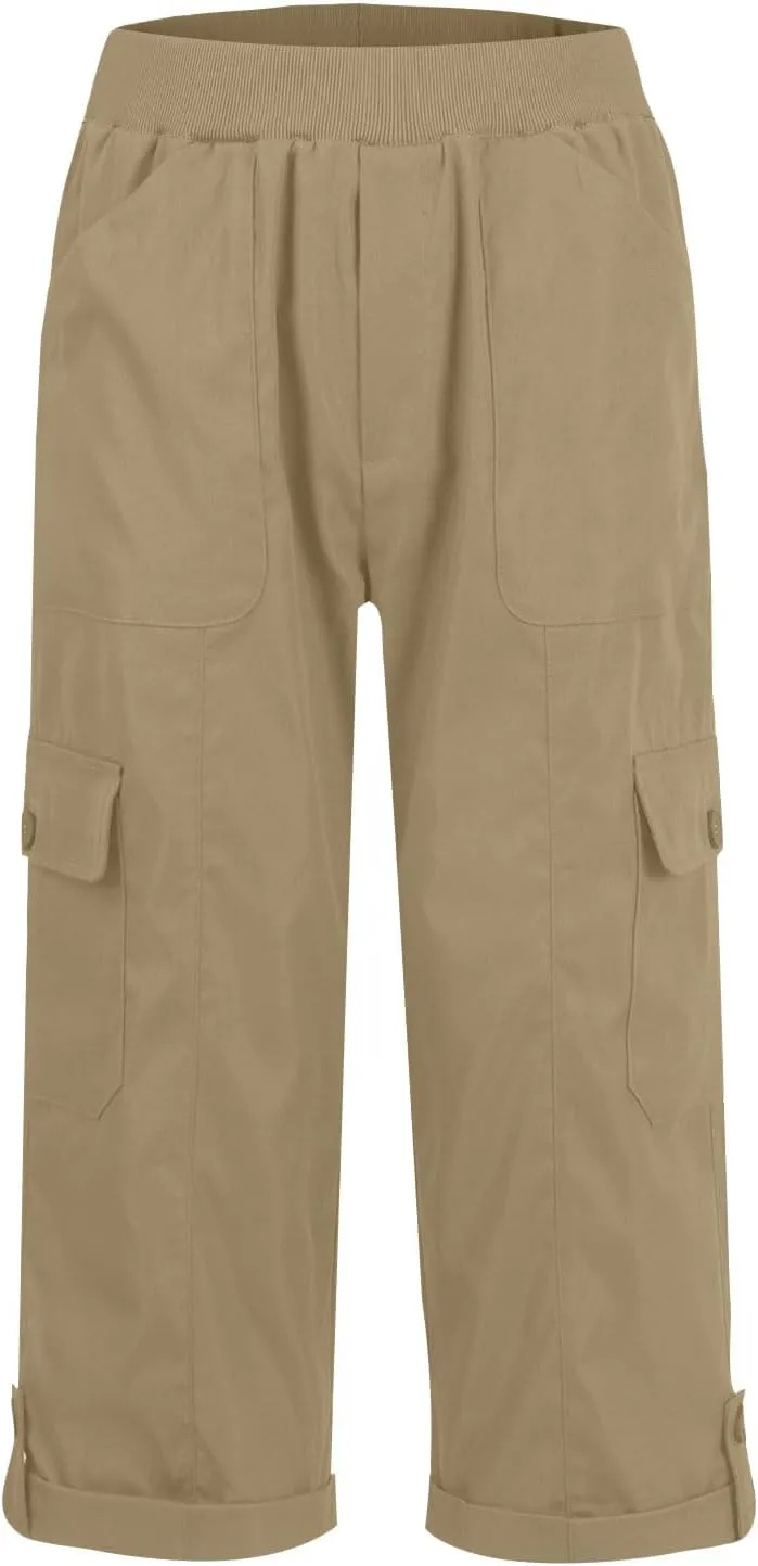 Women Cargo Capris Casual Elastic Waist Travel Hiking Pants Folded Hem Wide Leg Crop Chino Cargo Pants with 6 Pockets