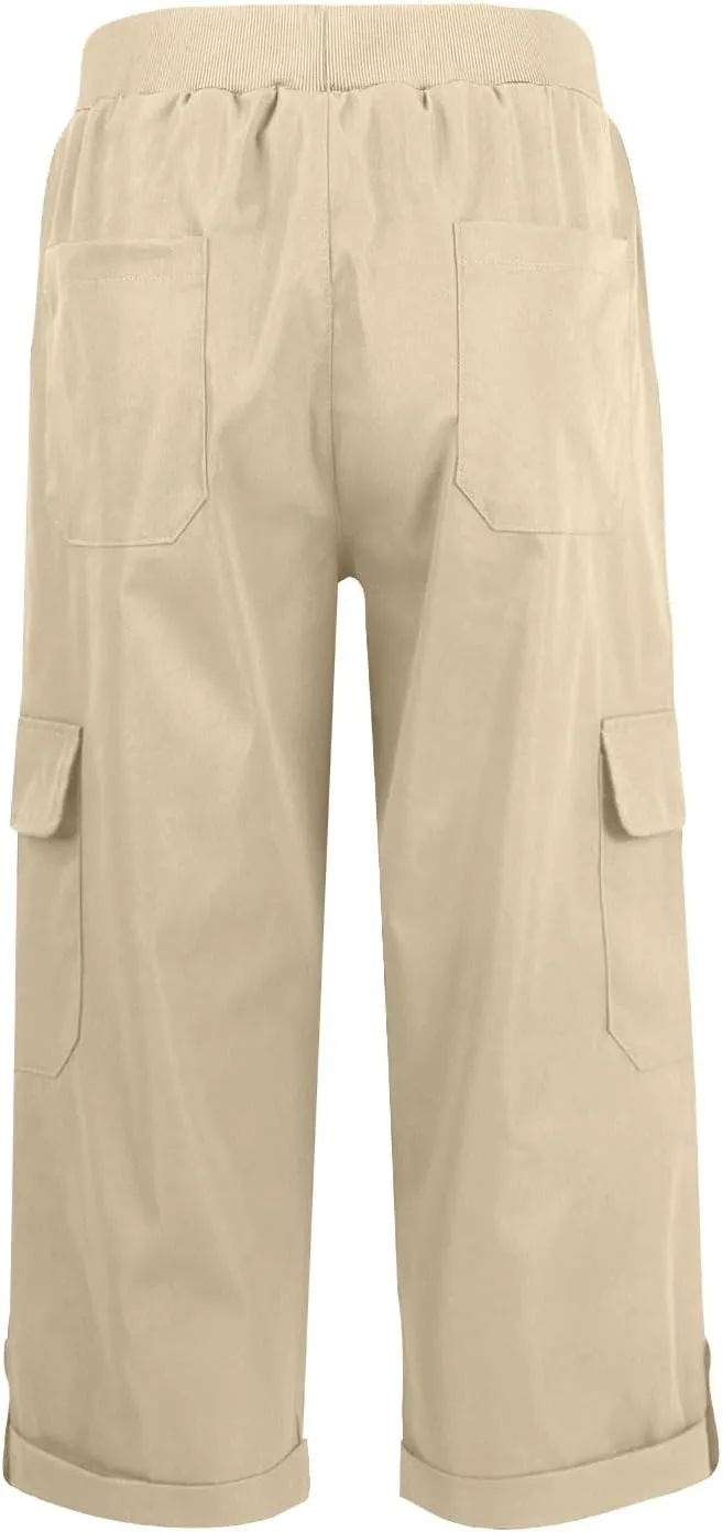 Women Cargo Capris Casual Elastic Waist Travel Hiking Pants Folded Hem Wide Leg Crop Chino Cargo Pants with 6 Pockets
