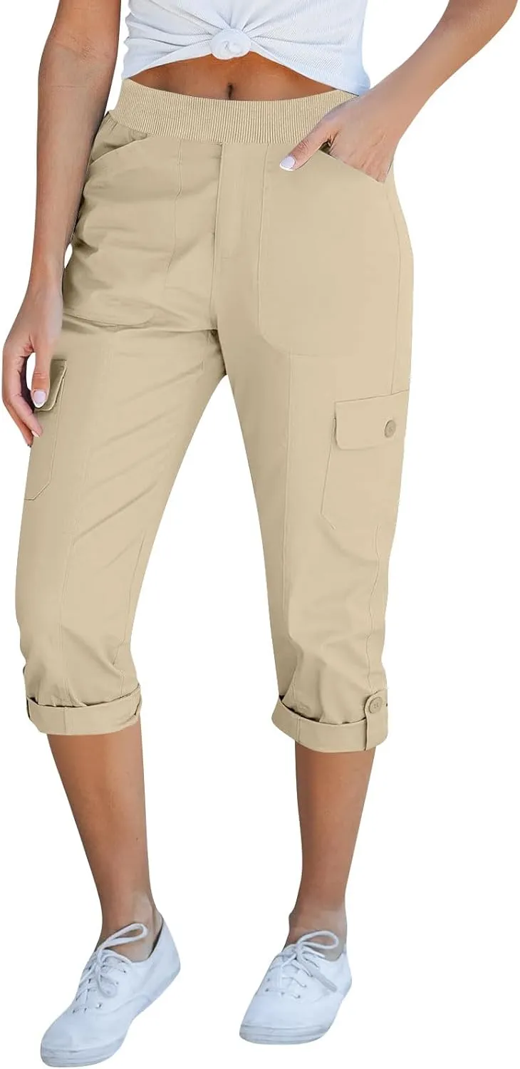 Women Cargo Capris Casual Elastic Waist Travel Hiking Pants Folded Hem Wide Leg Crop Chino Cargo Pants with 6 Pockets